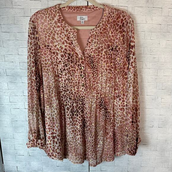Kim Rogers blouse pink gold animal print bohemian roll tap sleeve plus size ￼ - Picture 1 of 7